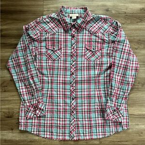 Ariat Womens Studded Western Cowgirl Snap Shirt Plaid Size XXL pink blue cotton